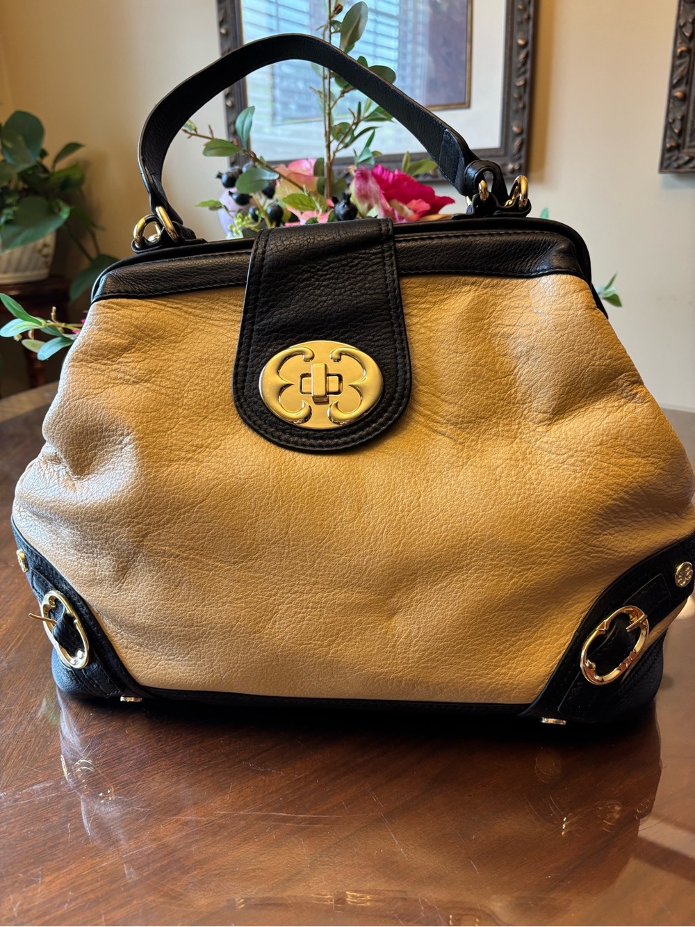 Emma Fox Tan and Black & Tan Leather Top-Handle Satchel with Gold Hardware